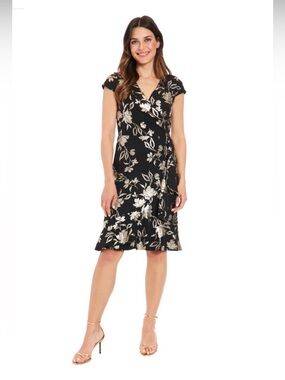 London Times Women's Metallic Floral Cascade Flounce Dress
